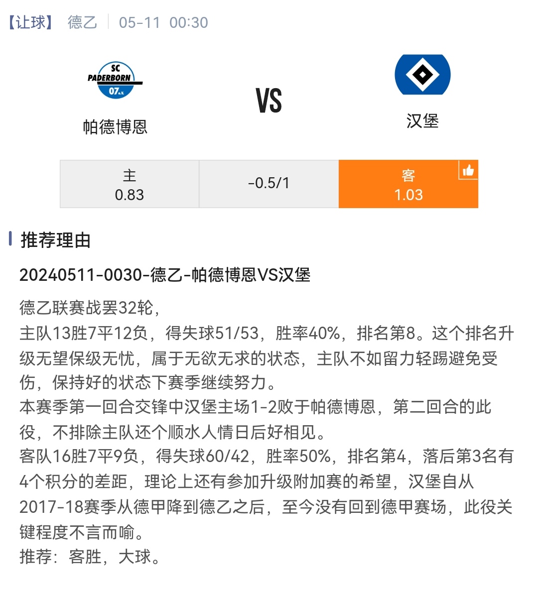 【德乙】柏德博恩 VS 汉堡