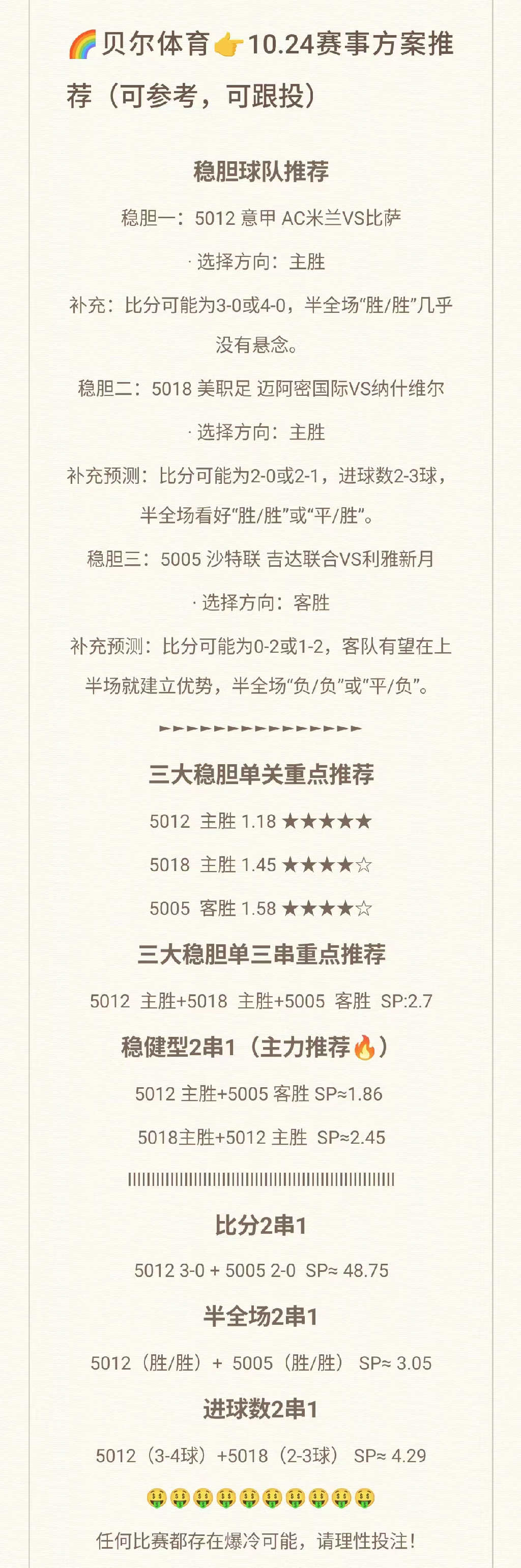 💥10.24足球赛事攻略｜稳胆+串关组合，看这篇就够了！