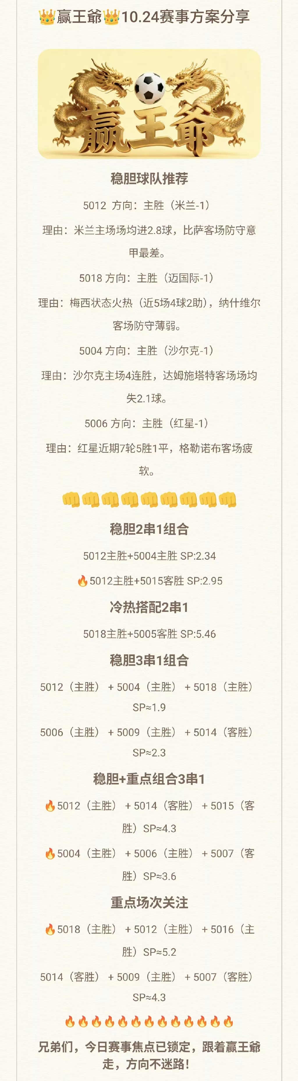 💥10.24足球赛事攻略｜稳胆+串关组合，看这篇就够了！